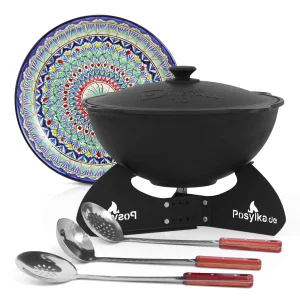 Kasan aus Gusseisen, Aluminiumdeckel, flacher Boden, Ø 36,7 cm, 10 l + Untersetzer + Lagan Ø 32 cm + Küchenzubehör
