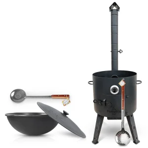 Set - Feuerofen- KazanoFF, für Kasan 16 Liter, Ø 44 cm + Gusseisenkasan, runder Boden, Ø 46,5 cm, 16 l + Thermometer + Schaumlöffel: 2 Stk.