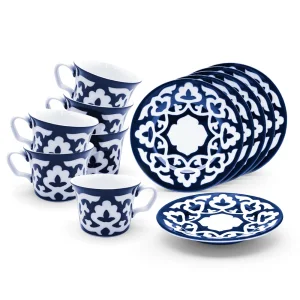 Usbekisches Porzellan-Set Pahta Gul Abgerundete Form, 12-teilig, 6 Teebecher 220 ml & 6 Teller Ø 12 cm