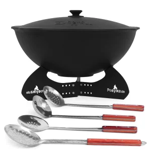 Kasan aus Gusseisen, Aluminiumdeckel, flacher Boden, 22 l, Ø 52,7 + Untersetzer + Küchenzubehör