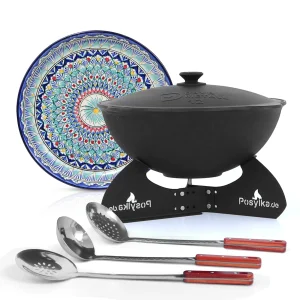 Kasan aus Gusseisen, Aluminiumdeckel, flacher Boden, Ø 42,5 cm, 12 l + Untersetzer + Lagan Ø 37 cm + Küchenutensilien