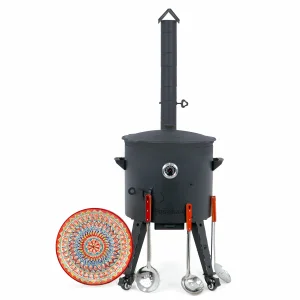 Utschak Feuerofen Ø 44 cm + Gusseisen-Kasan 16 l, Ø 46,5 cm, runder Boden + Küchenzubehör, Usbekischer Kochtopf aus Gusseisen