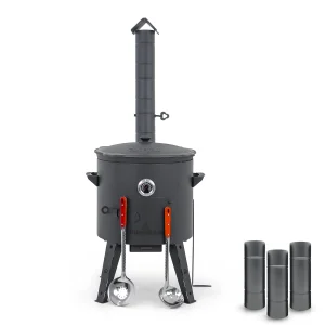Utschak Feuerofen Ø 44 cm + Gusseisen-Kasan 16 l, Ø 46,5 cm, flacher Boden + Küchenzubehör, Usbekischer Kochtopf aus Gusseisen