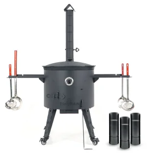 Utschak Feuerofen Ø 49 cm + Gusseisen-Kasan 22 L, runder Boden + Küchenzubehör, Usbekischer Kochtopf aus Gusseisen