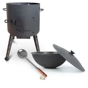 Set - Feuerofen- KazanoFF, für usbekischen Kasan 12 Liter, Ø 40 cm + Gusseisenkasan, Aluminiumdeckel, flacher Boden, Ø 42,5 cm, 12 l + Schaumlöffel 48
