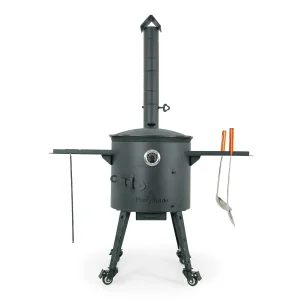 Utschak Feuerofen Ø 40 cm + Gusseisen-Kasan 12 L, flacher Boden + Küchenzubehör, Usbekischer Kochtopf aus Gusseisen