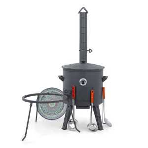 Utschak Feuerofen Ø 44 cm + Gusseisen-Kasan 16 l, Ø 46,5 cm, runder Boden + Küchenzubehör, Usbekischer Kochtopf aus Gusseisen