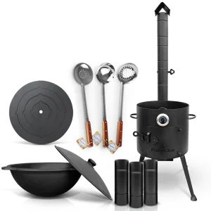 Utschak Feuerofen Ø 36 cm + Gusseisen-Kasan 10 L, flacher Boden + Küchenzubehör, Usbekischer Kochtopf aus Gusseisen