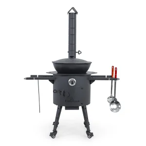Utschak Feuerofen Ø 40 cm + Gusseisen-Kasan 12 L, flacher Boden + Küchenzubehör, Usbekischer Kochtopf aus Gusseisen