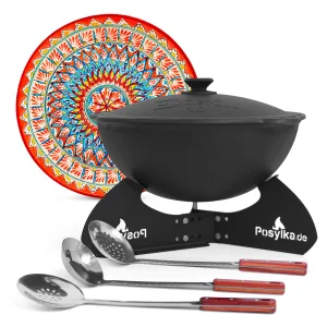 Kasan aus Gusseisen, Aluminiumdeckel, runder Boden, Ø 36,7 cm, 10 l + Ständer + Lagan Ø 32 cm + Küchenzubehör