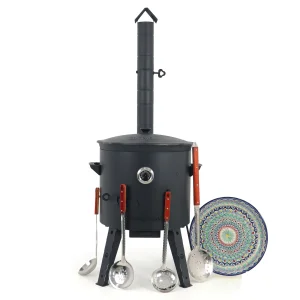 Utschak Feuerofen Ø 44 cm + Gusseisen-Kasan 16 l, Ø 46,5 cm, runder Boden + Küchenzubehör, Usbekischer Kochtopf aus Gusseisen