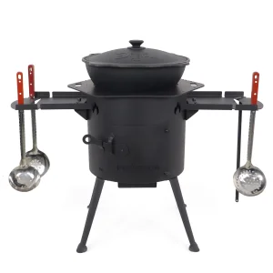 Utschak Feuerofen Ø 36 cm + Gusseisen-Kasan 10 L, flacher Boden, Ablagetische, Ofenplatte + Küchenzubehör, Usbekischer Kochtopf aus Gusseisen