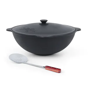 Set - Kasan aus Gusseisen, Aluminiumdeckel, flacher Boden, Ø 46,5 cm, 16 l + Schaumlöffel 48 cm 