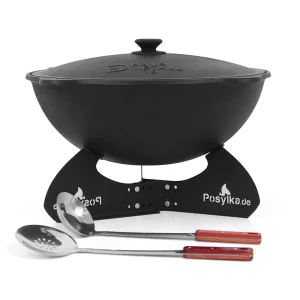 Kasan aus Gusseisen, Aluminiumdeckel, runder Boden, Ø 46,5 cm, 16 l + Untergestell + Küchenutensilien