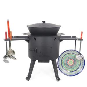 Utschak Feuerofen Ø 49 cm + Gusseisen-Kasan 22 L, flacher Boden, Transportrollen, Ablagetische, Ofenplatte + Küchenzubehör, Usbekischer Kochtopf aus G