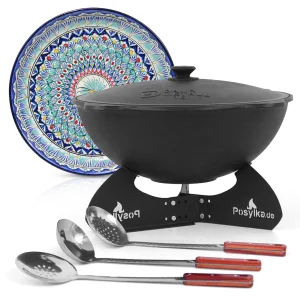 Kasan aus Gusseisen, Aluminiumdeckel, flacher Boden, Ø 46,5 cm, 16 l + Untersetzer + Lagan Ø 37 cm + Küchenzubehör