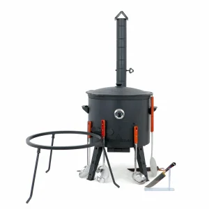 Utschak Feuerofen Ø 49 cm + Gusseisen-Kasan 22 L, Ø 52,7 cm, runder Boden + Küchenzubehör, Usbekischer Kochtopf aus Gusseisen