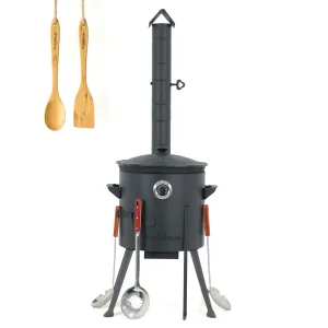 Utschak Feuerofen Ø 36 cm + Gusseisen-Kasan 10 L, runder Boden + Küchenzubehör, Usbekischer Kochtopf aus Gusseisen