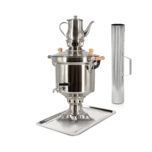 Set - Samowar 5 l, Edelstahl 1,2 mm, Schornsteinrohr, Tablett, Teekanne 0,9 l
