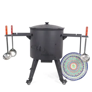 Utschak Feuerofen Ø 44 cm + Gusseisen-Kasan 16 l, flacher Boden, Transportrollen, Ablagetische + Küchenzubehör, Usbekischer Kochtopf aus Gusseisen