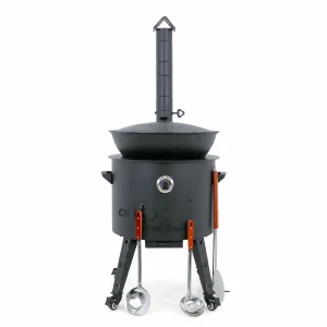Utschak Feuerofen Ø 49 cm + Gusseisen-Kasan 22 L, flacher Boden + Küchenzubehör, Usbekischer Kochtopf aus Gusseisen