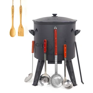 Utschak Feuerofen Ø 44 cm + Gusseisen-Kasan 16 l, Ø 46,5 cm, runder Boden + Küchenzubehör, Usbekischer Kochtopf aus Gusseisen