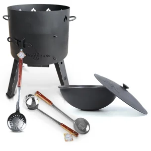 Set - Feuerofen - KasanoFF, 16 Liter, Ø 44 cm + Gusseisenkessel, flacher Boden, Ø 46,5 cm, 16 l + Schaumlöffel: 2 Stk. + Schöpfkelle