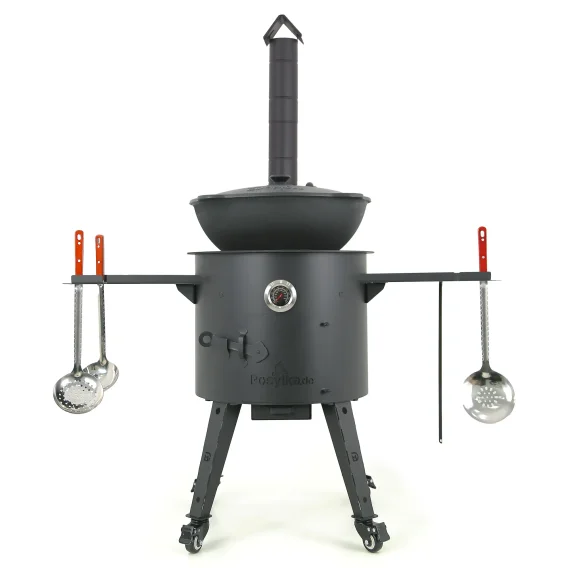 Utschak Feuerofen Ø 44 cm + Gusseisen-Kasan 16 l, runder Boden + Küchenzubehör, Usbekischer Kochtopf aus Gusseisen