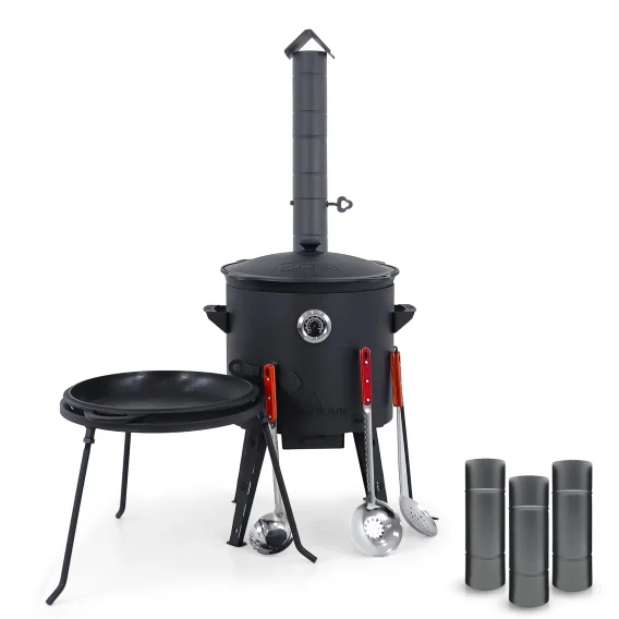 Utschak Feuerofen Ø 40 cm + Gusseisen-Kasan 12 L, runder Boden + Küchenzubehör, Usbekischer Kochtopf aus Gusseisen