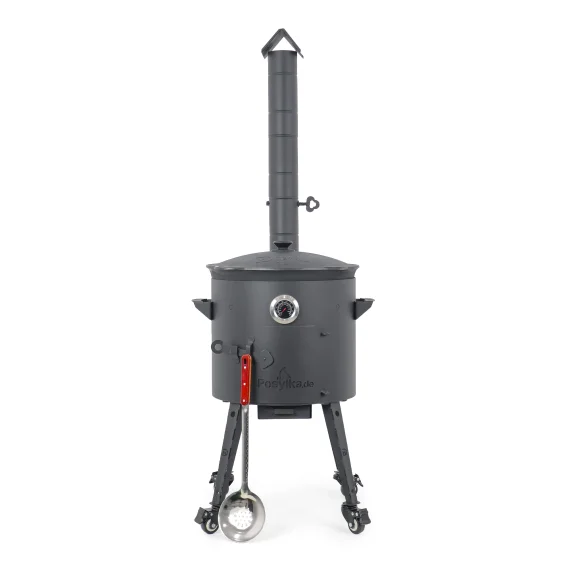 Utschak Feuerofen Ø 40 cm + Gusseisen-Kasan 12 L, runder Boden + Küchenzubehör, Usbekischer Kochtopf aus Gusseisen