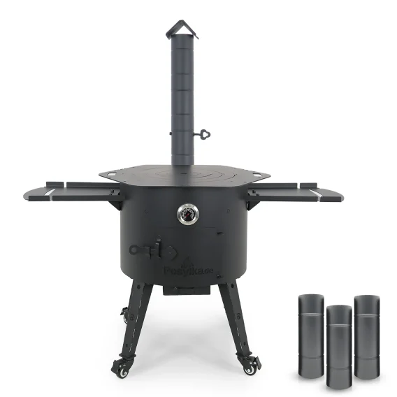 Печь учаг Ø 49 см с дымоходной трубой, для казана 22 л, термометр, колёса, столики, плита