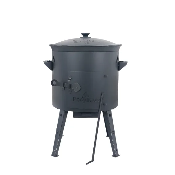 Utschak Feuerofen Ø 40 cm + Gusseisen-Kasan 12 L, Ø 42,5 cm, flacher Boden + Küchenzubehör, Usbekischer Kochtopf aus Gusseisen