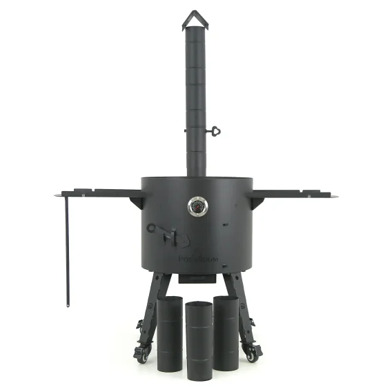  Feuerofen mit Rohr Ø 44 cm + Rohrverlängerung + Thermometer + Rollen: 4 Stück + Ablagetisch: 2 Stück + Zahnstocherspender