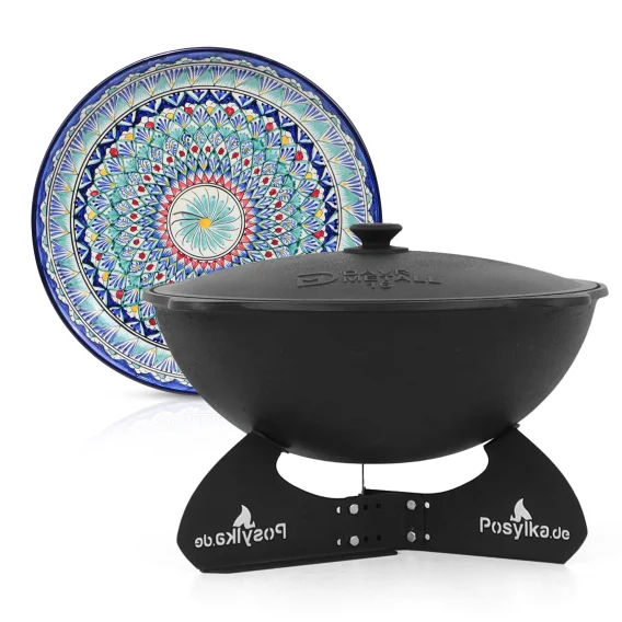 Kasan aus Gusseisen, Aluminiumdeckel, runder Boden, Ø 46,5 cm, 16 l + Ständer + Lagan Ø 37 cm + Küchenutensilien