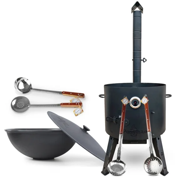 Set - Feuerofen- KazanoFF, für Kasan 22 Liter, Ø 49 cm, Thermometer, Gusseisenkasan, flacher Boden, 22 l, Ø 52,7 cm, Schaumlöffel: 3 Stk., Schöpfkelle