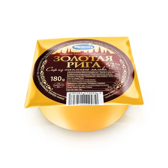 Halbfester Schnittkäse - Goldene Riga, 52 % Fett, Milochka, 180 g