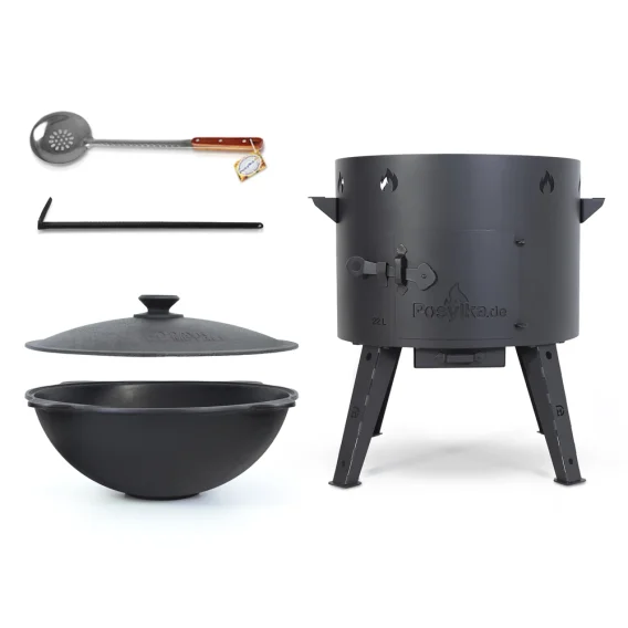 Set: Feuerofen Utschak Ø 49 cm, Gusseisen-Kasan 22 L flacher Boden, Kochaccessoires