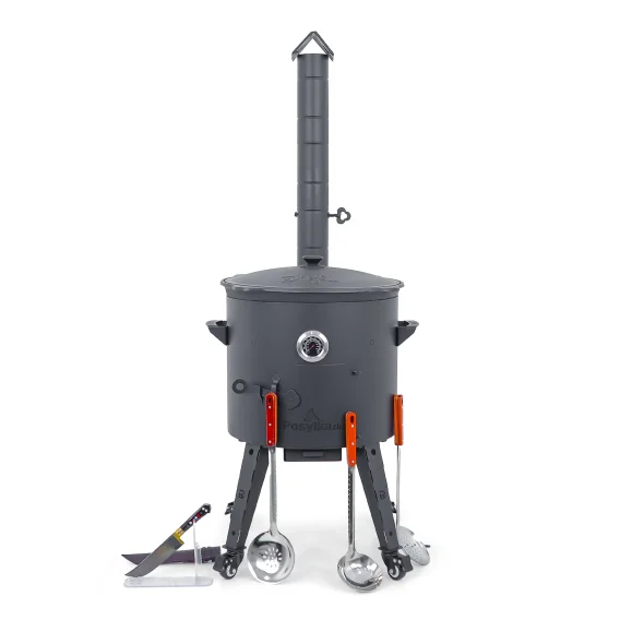 Utschak Feuerofen Ø 44 cm + Gusseisen-Kasan 16 l, Ø 46,5 cm, flacher Boden + Küchenzubehör, Usbekischer Kochtopf aus Gusseisen