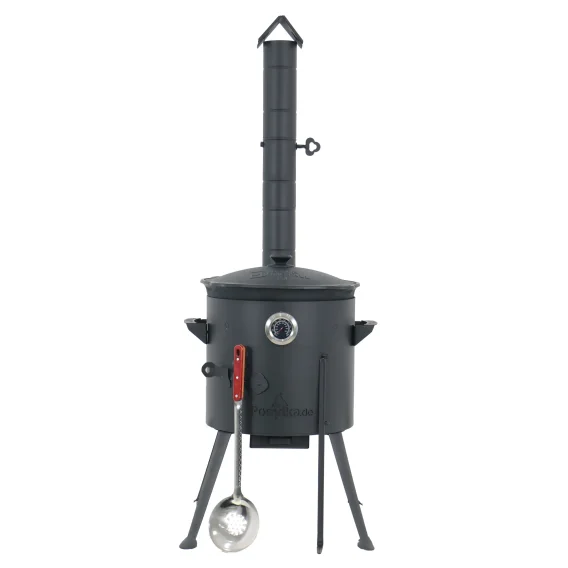 Utschak Feuerofen Ø 36 cm + Gusseisen-Kasan 10 L, flacher Boden + Küchenzubehör, Usbekischer Kochtopf aus Gusseisen