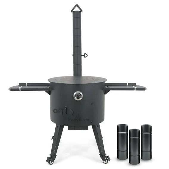 Feuerofen Utschak Ø 49 cm mit Abzugsrohr, für Kasan 22 L, Thermometer, Transportrollen, Ablagetischen, Ofenplatte