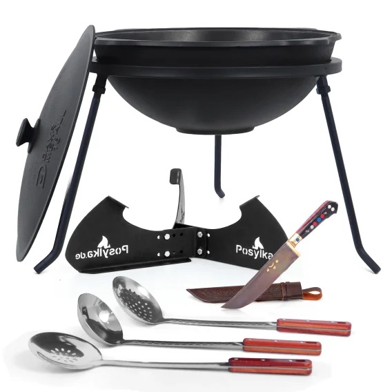 Kasan aus Gusseisen, Aluminiumdeckel, flacher Boden, Ø 46,5 cm, 16 l + Untersetzer + Dreibein + Küchenzubehör