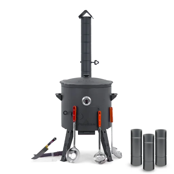 Utschak Feuerofen Ø 44 cm + Gusseisen-Kasan 16 l, Ø 46,5 cm, flacher Boden + Küchenzubehör, Usbekischer Kochtopf aus Gusseisen