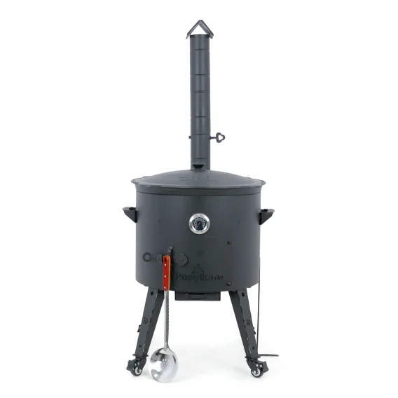 Utschak Feuerofen Ø 49 cm + Gusseisen-Kasan 22 L, Ø 52,7 cm, flacher Boden + Küchenzubehör, Usbekischer Kochtopf aus Gusseisen