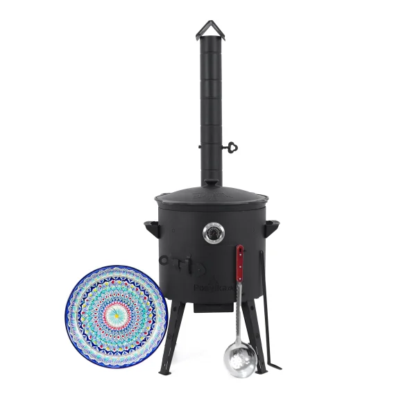 Utschak Feuerofen Ø 40 cm + Gusseisen-Kasan 12 L, Ø 42,5 cm, flacher Boden + Küchenzubehör, Usbekischer Kochtopf aus Gusseisen