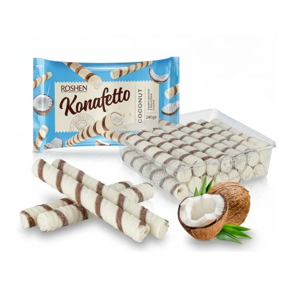 Waffelröllchen - Konafetto, mit einer Cremefüllung mit Kokosnussgeschmack, Roshen, 140 g