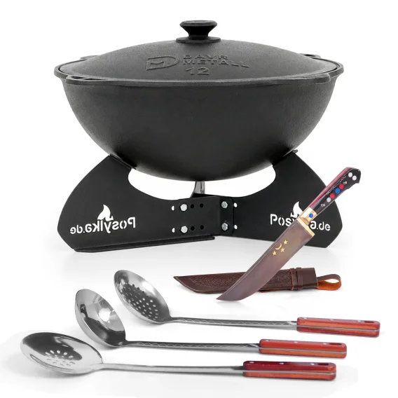 Kasan aus Gusseisen, Aluminiumdeckel, runder Boden, Ø 42,5 cm, 12 l + Untergestell + Küchenzubehör