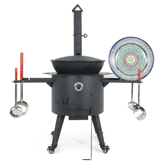 Utschak Feuerofen Ø 49 cm + Gusseisen-Kasan 22 L, flacher Boden + Küchenzubehör, Usbekischer Kochtopf aus Gusseisen