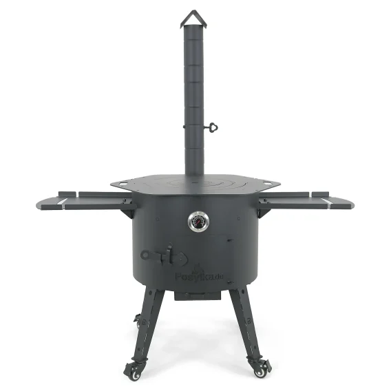 Feuerofen Utschak Ø 49 cm mit Abzugsrohr, für Kasan 22 L, Thermometer, Transportrollen, Ablagetischen, Ofenplatte