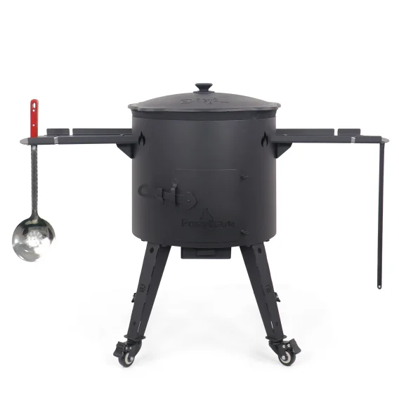 Utschak Feuerofen Ø 44 cm + Gusseisen-Kasan 16 l, flacher Boden, Transportrollen, Ablagetische + Küchenzubehör, Usbekischer Kochtopf aus Gusseisen