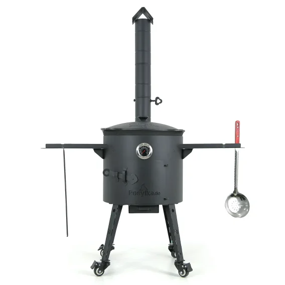 Набор - Учаг с трубой Ø 40 см + казан Ø 42,5 см, 12 л + термометр + ролики: 4 шт. + столик: 2 шт.+ шумовка + ручка